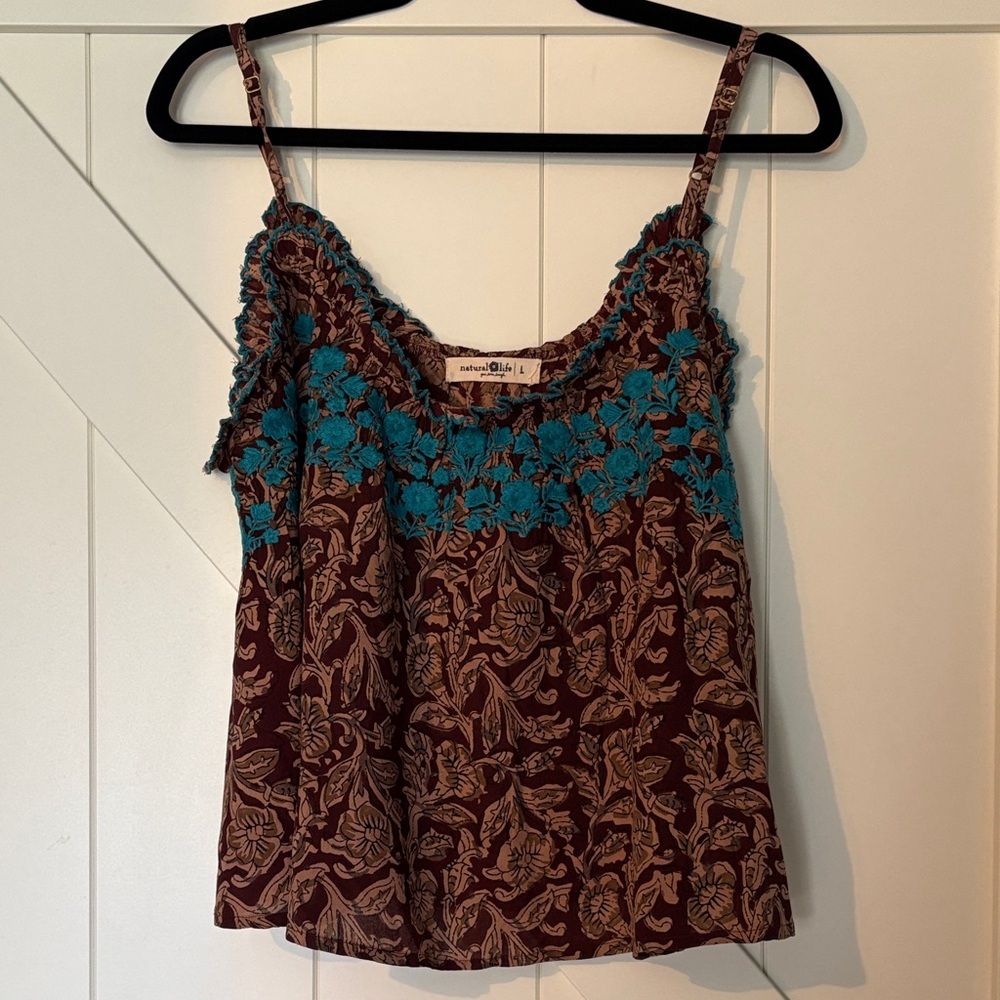 NATURAL LIFE Brown Floral Camisole with Teal Crochet Trim - Picture 3 of 7